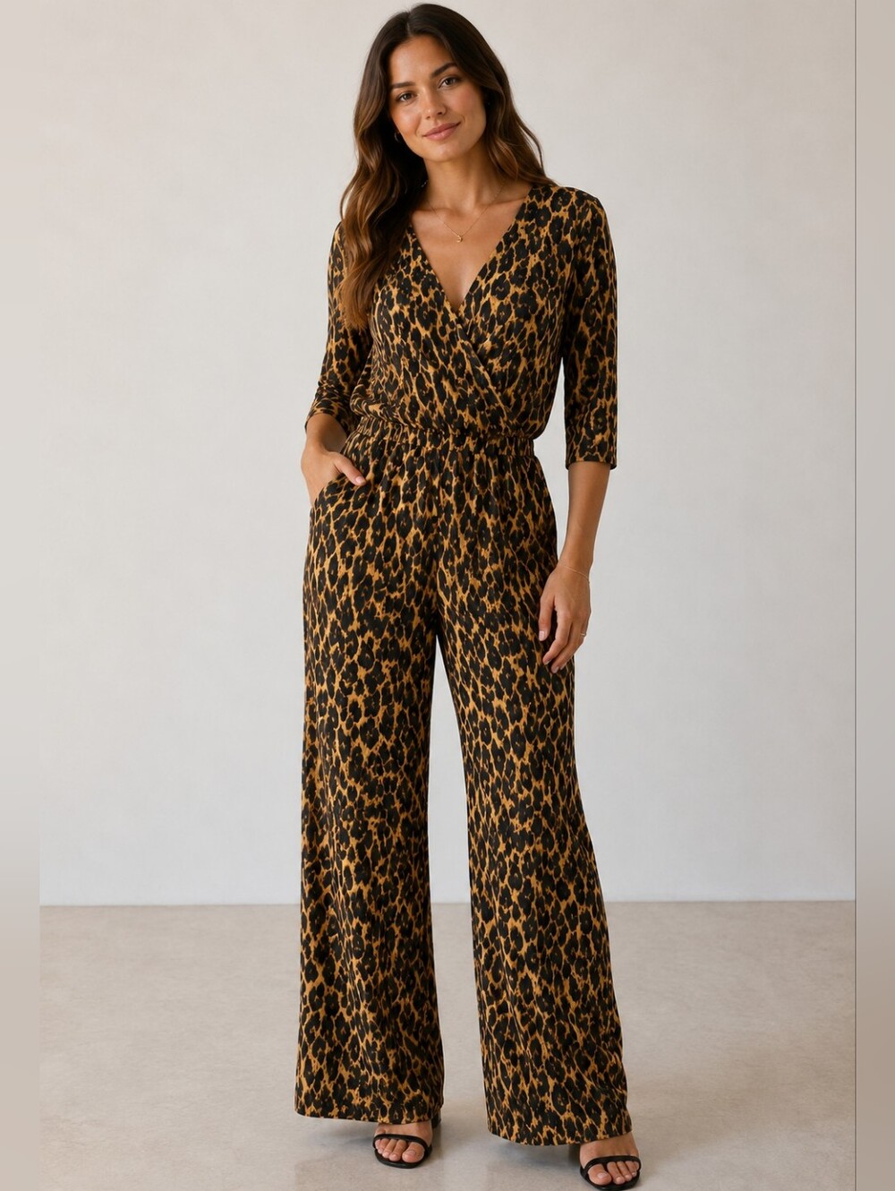 Boohoo Tall Size 8 Leopard Print Wide-Leg Jumpsuit - Black & Brown